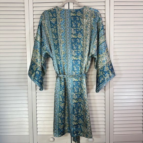 Oscar De La Renta Satin Kimono Robe Belted Paisley Blue Mobwife Sleepwear Small - Picture 9 of 9